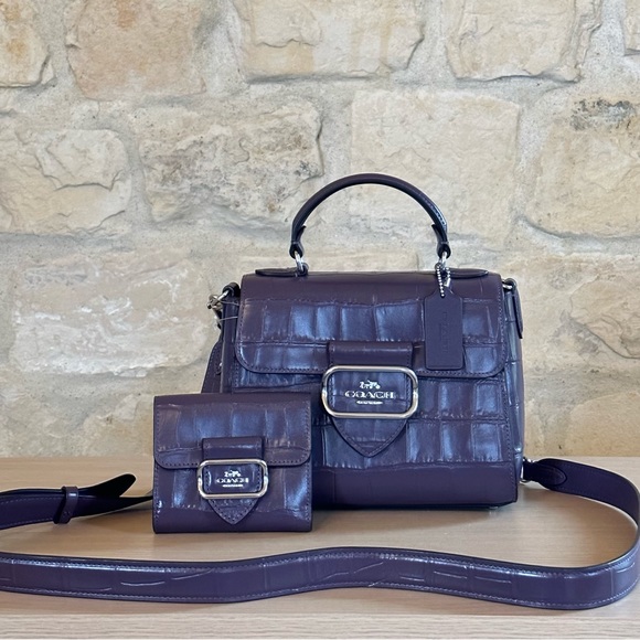 COACH Morgan Top Handle croc embossed leather Satchel Bag/Wallet Amethyst NWT - Picture 1 of 14